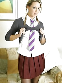 Sabrina in college uniform with stockings and ankkle socks.